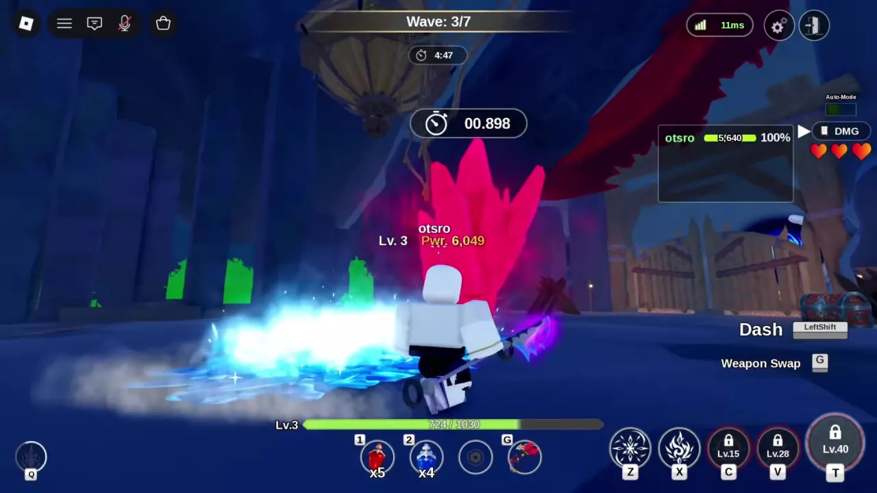 A pointed pink crystal cluster beside the cavern wall near wooden doors and a chest.