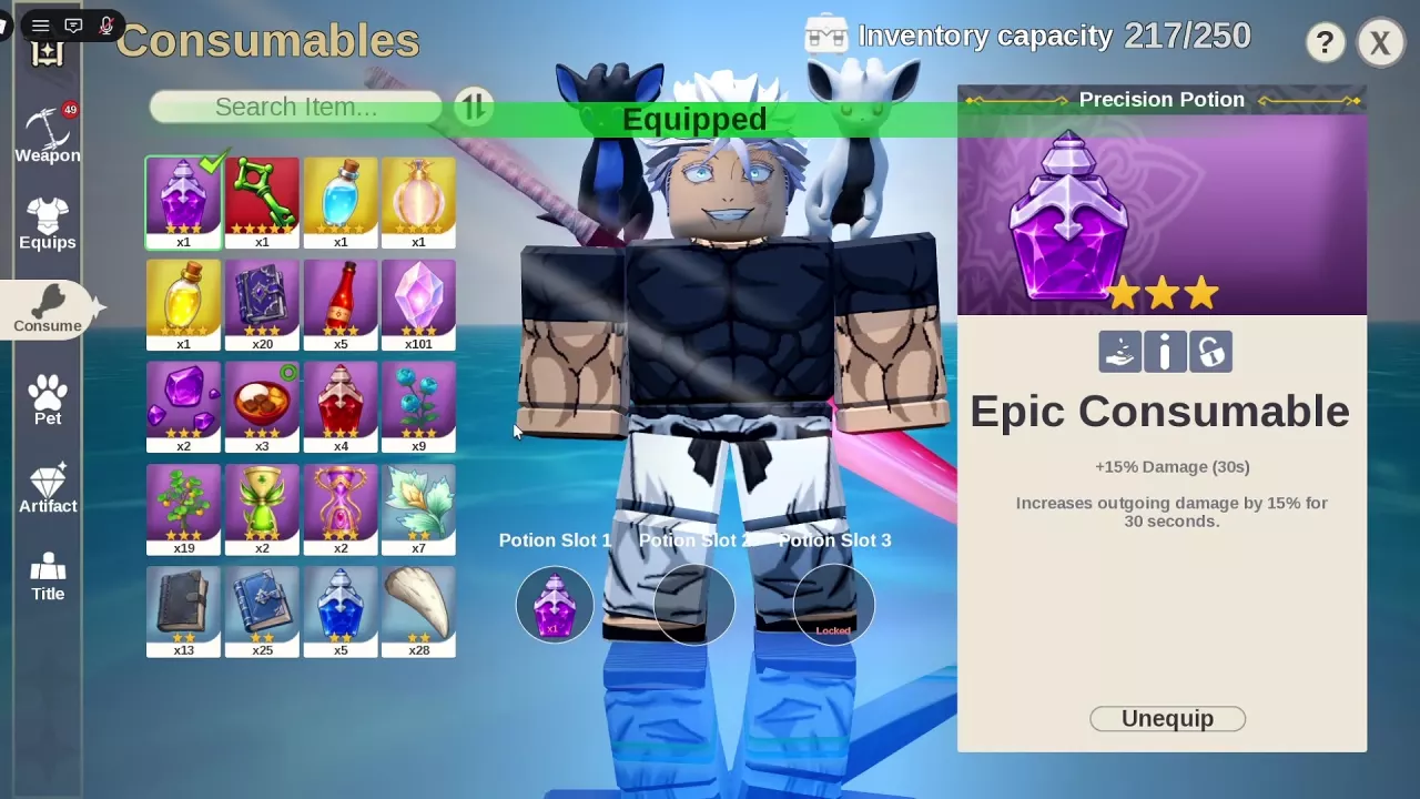Consumables menu with Precision Potion equipped in slot 1, an empty second slot, and the Unequip button.