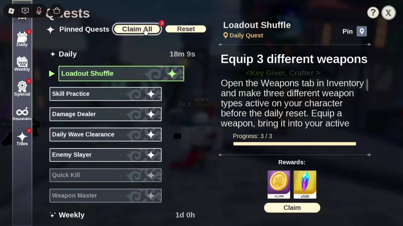 Quest menu with five categories, Pin, Claim All, and a completed Loadout Shuffle objective.