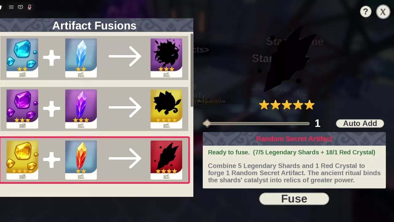 Random Secret Artifact selected with Ready to fuse above the Fuse button.