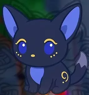 Yin, a dark pet with blue inner ears and chest and gold markings.