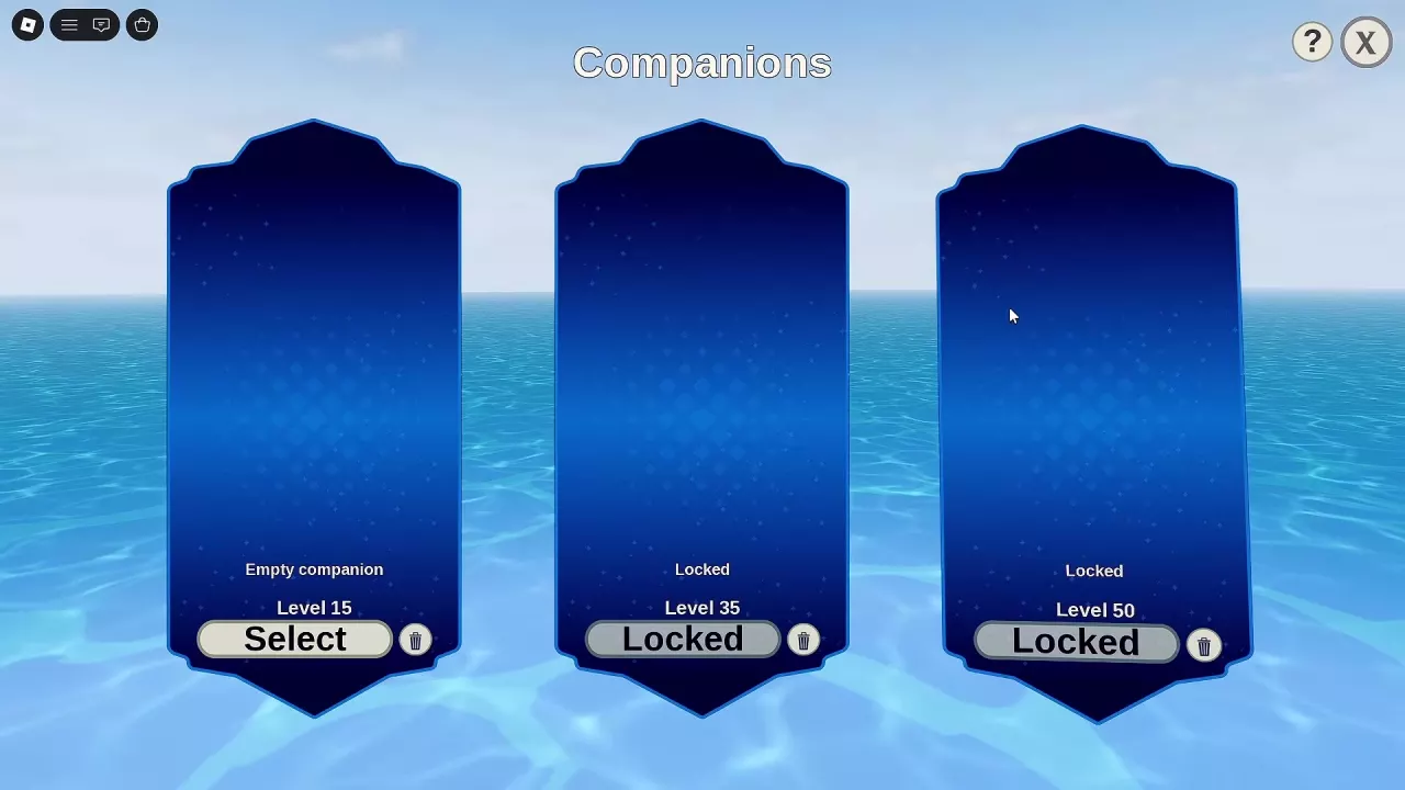 Companions menu with Select available at level 15 and locked slots requiring levels 35 and 50.