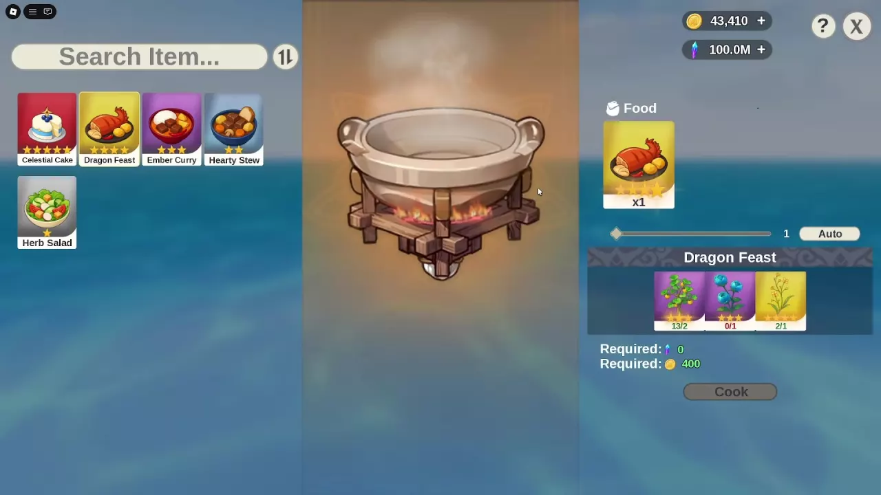 Dragon Feast cooking menu with three ingredient icons, required quantities and a 400-Coin cost.