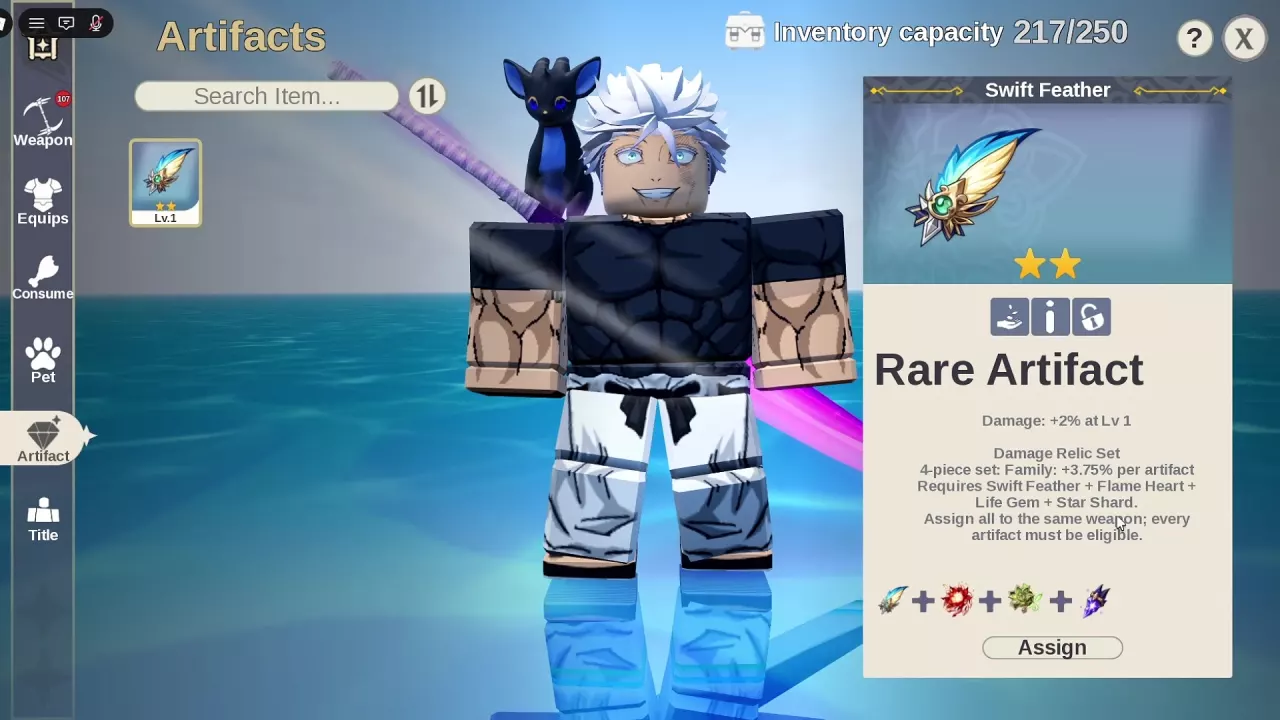 Swift Feather’s artifact panel showing Damage Relic Set members, the same-weapon requirement, and Assign.
