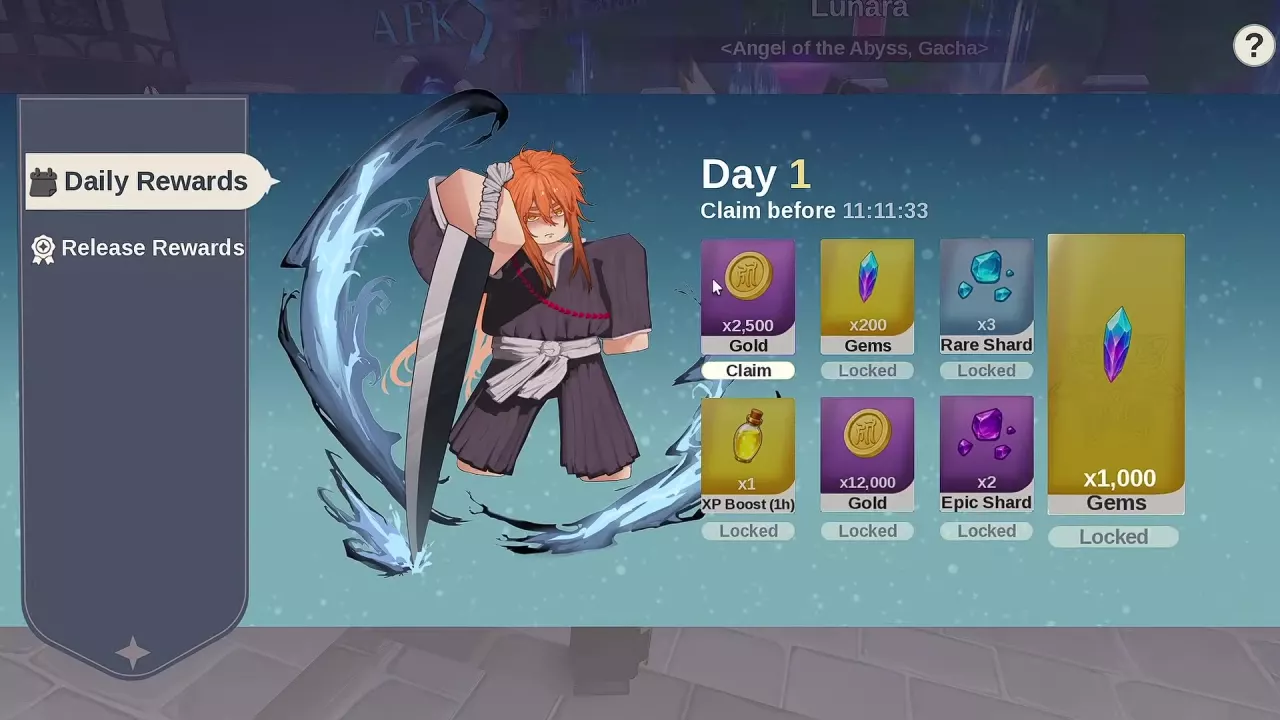 Daily Rewards menu with the Day 1 Gold claim, locked reward cards and Claim before timer.