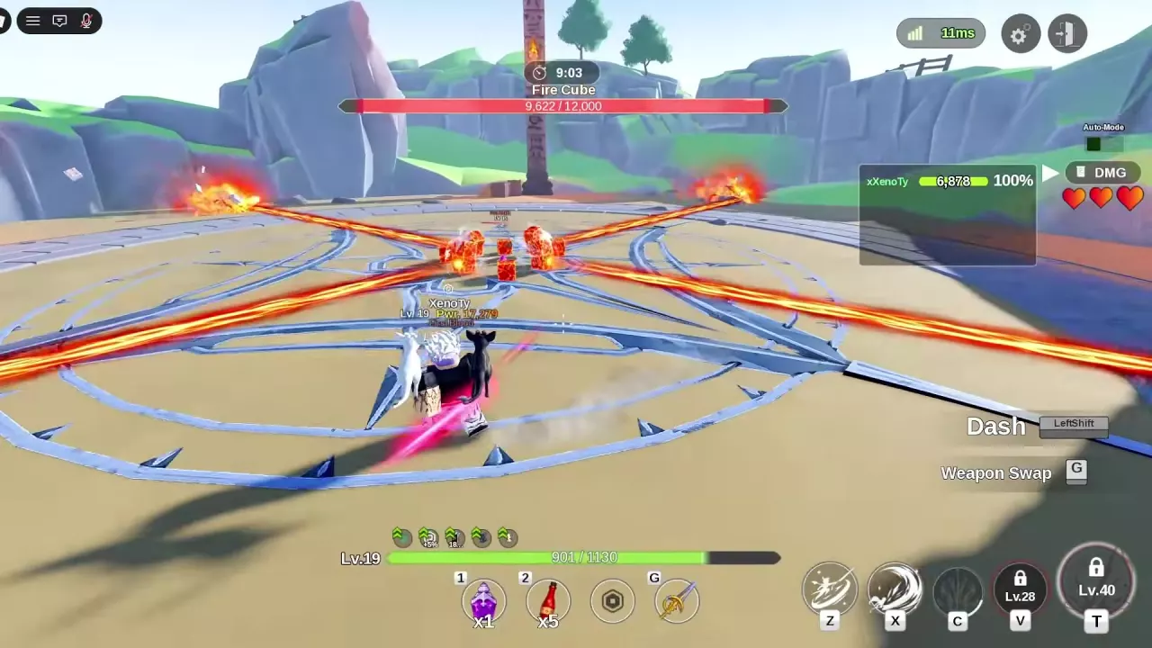 Fire Cube's four fire rays with open gaps between them.