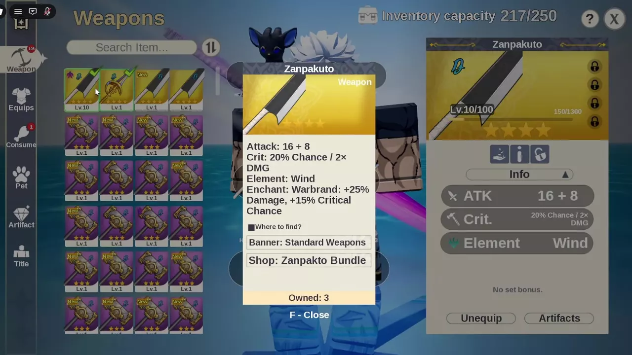 Weapon inventory with green equipped check marks, an Unequip button, and an expanded information card.