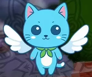 A blue Cat pet with white wings and belly and a green neck scarf.