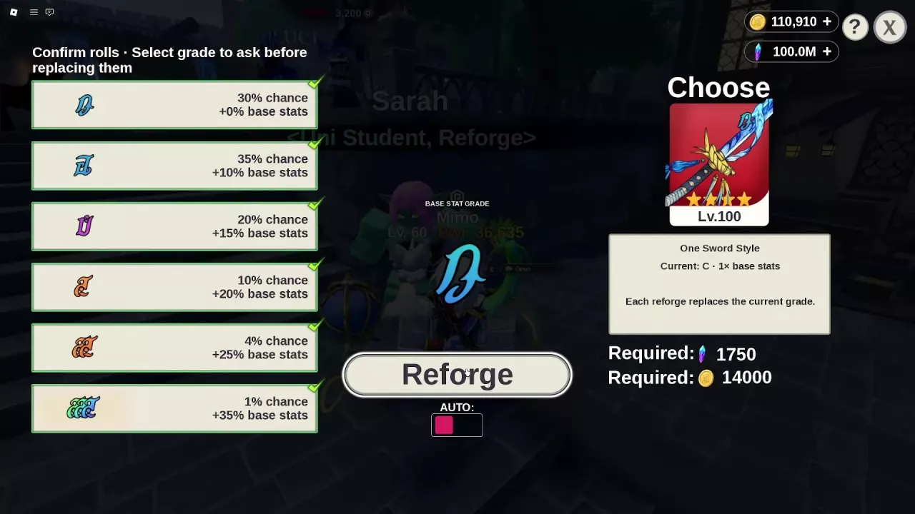 Sarah’s Reforge menu with the AUTO control beneath Reforge and Confirm rolls on the left.