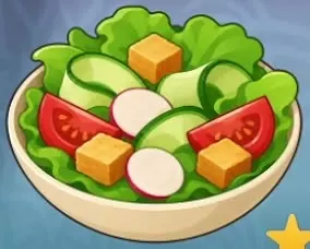 Herb Salad in a shallow bowl with lettuce, cucumber, tomatoes, radishes, and golden cubes.