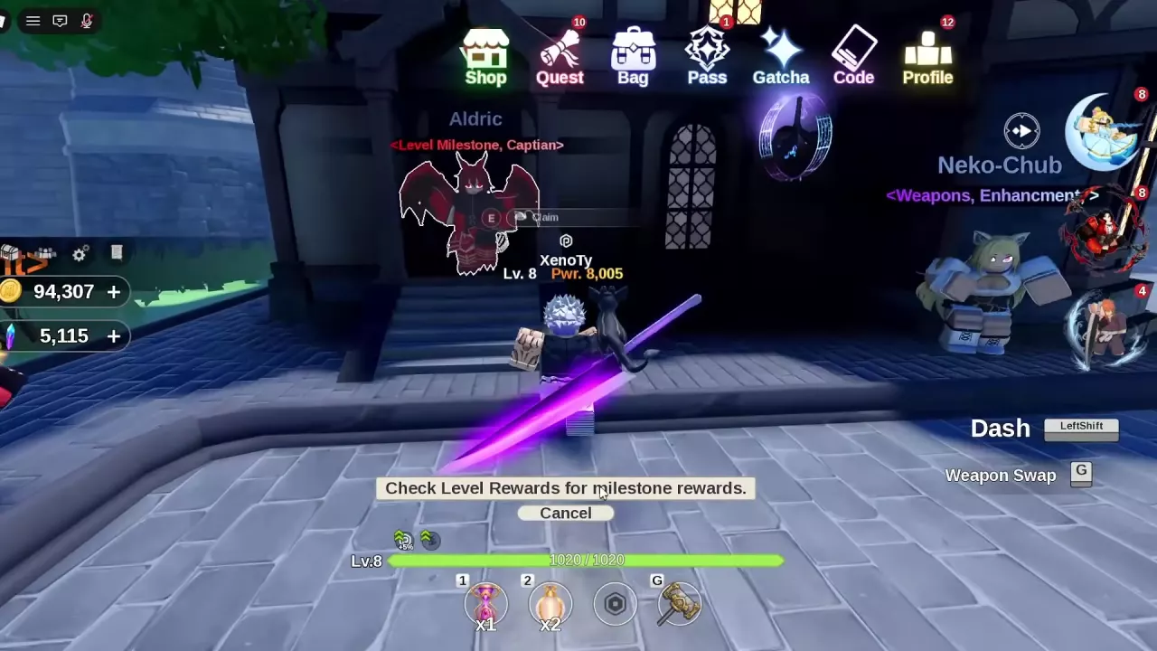 Aldric's E Claim prompt on the building steps beside Neko-Chub.