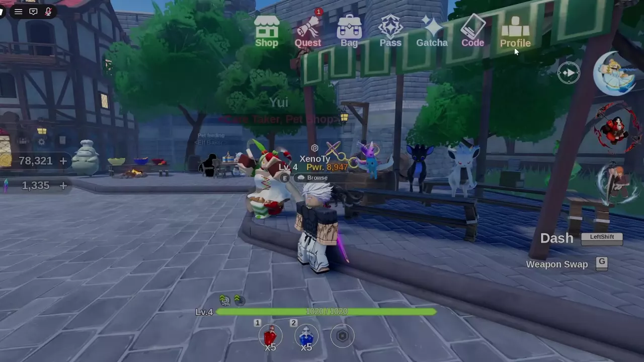 Yui’s green-roofed pet stall with Elf Baker’s feeding service and the cooking stall nearby.