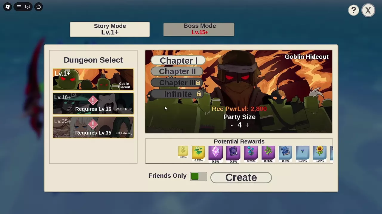Goblin Hideout Chapter I selected with Party Size, Friends Only and Create controls.