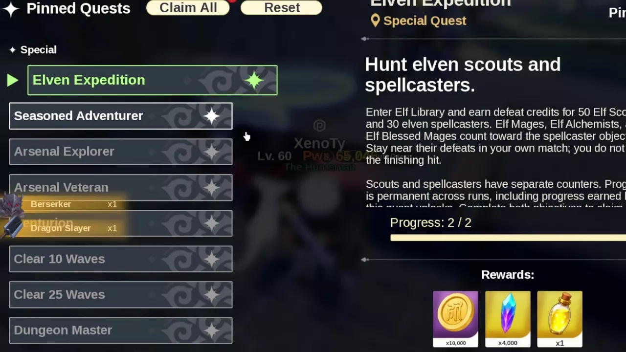 Elven Expedition at 2/2 objectives with Gold, Gems, and a yellow potion in its reward panel.