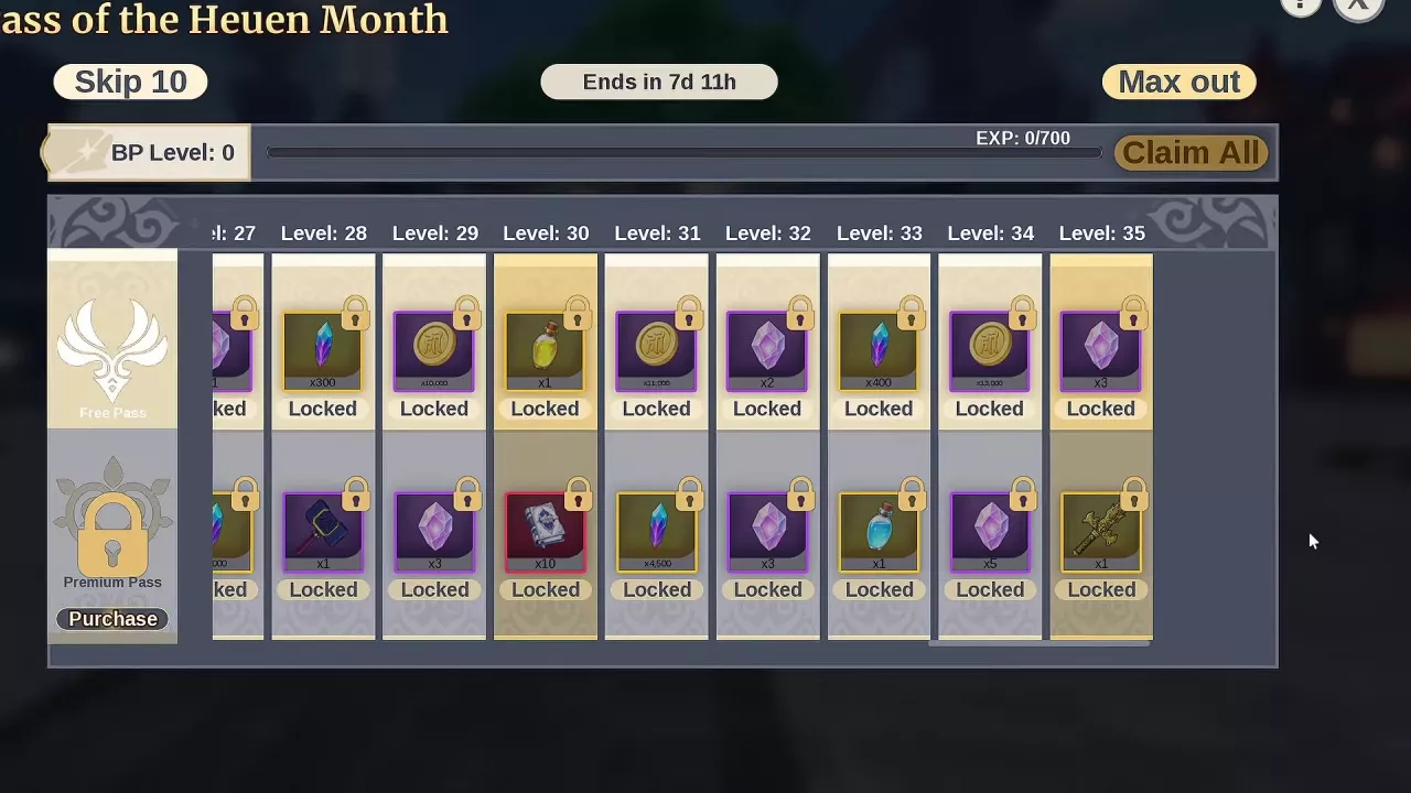 Battle Pass menu with Free and Premium reward tracks, level progress, Purchase, and Claim All.