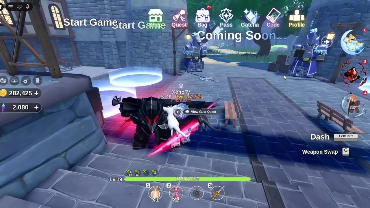 Black-armored NPC in town with the E: View Guts Quest prompt.