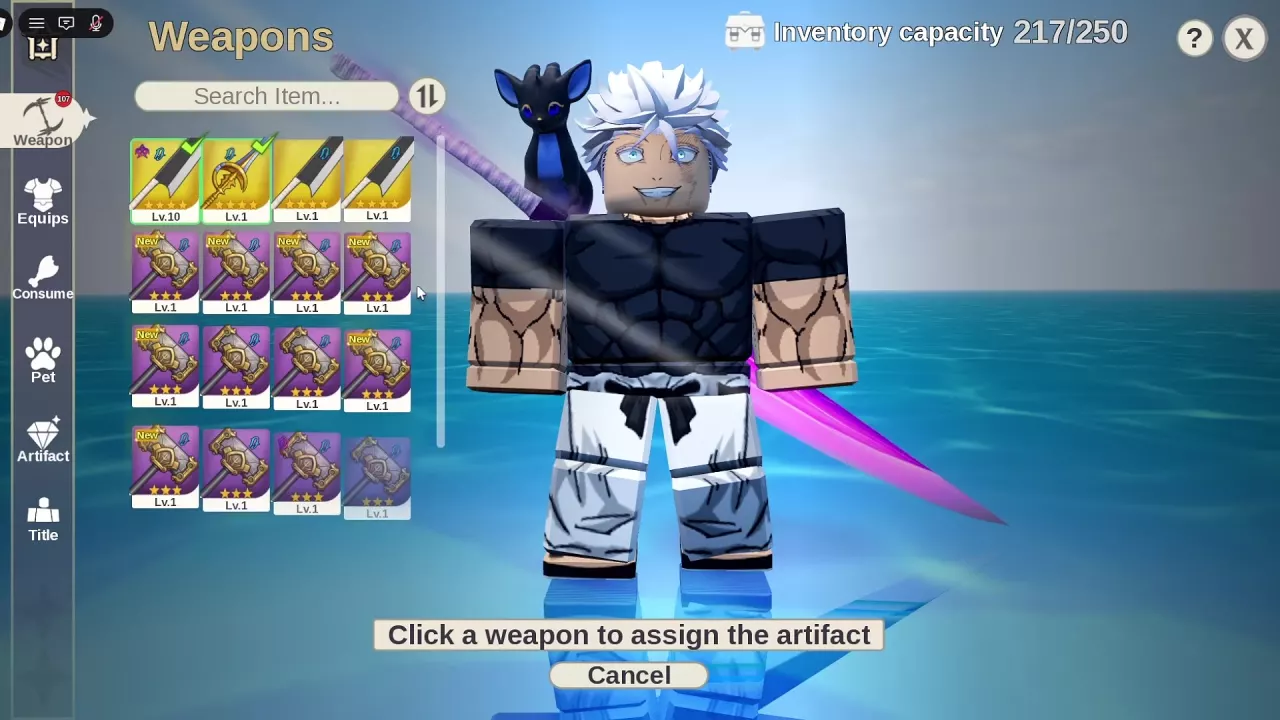 Weapon selection screen prompting you to choose a weapon for artifact assignment.