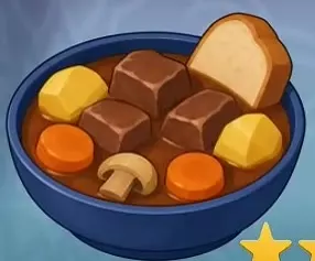 Hearty Stew in a blue bowl with meat, vegetables, a mushroom, and bread.