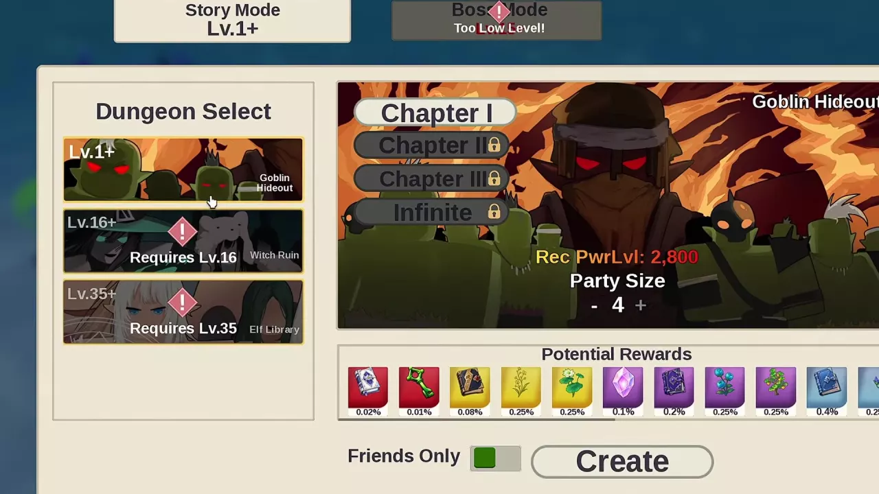 Goblin Hideout Chapter I menu with Party Size, Friends Only and Create controls.