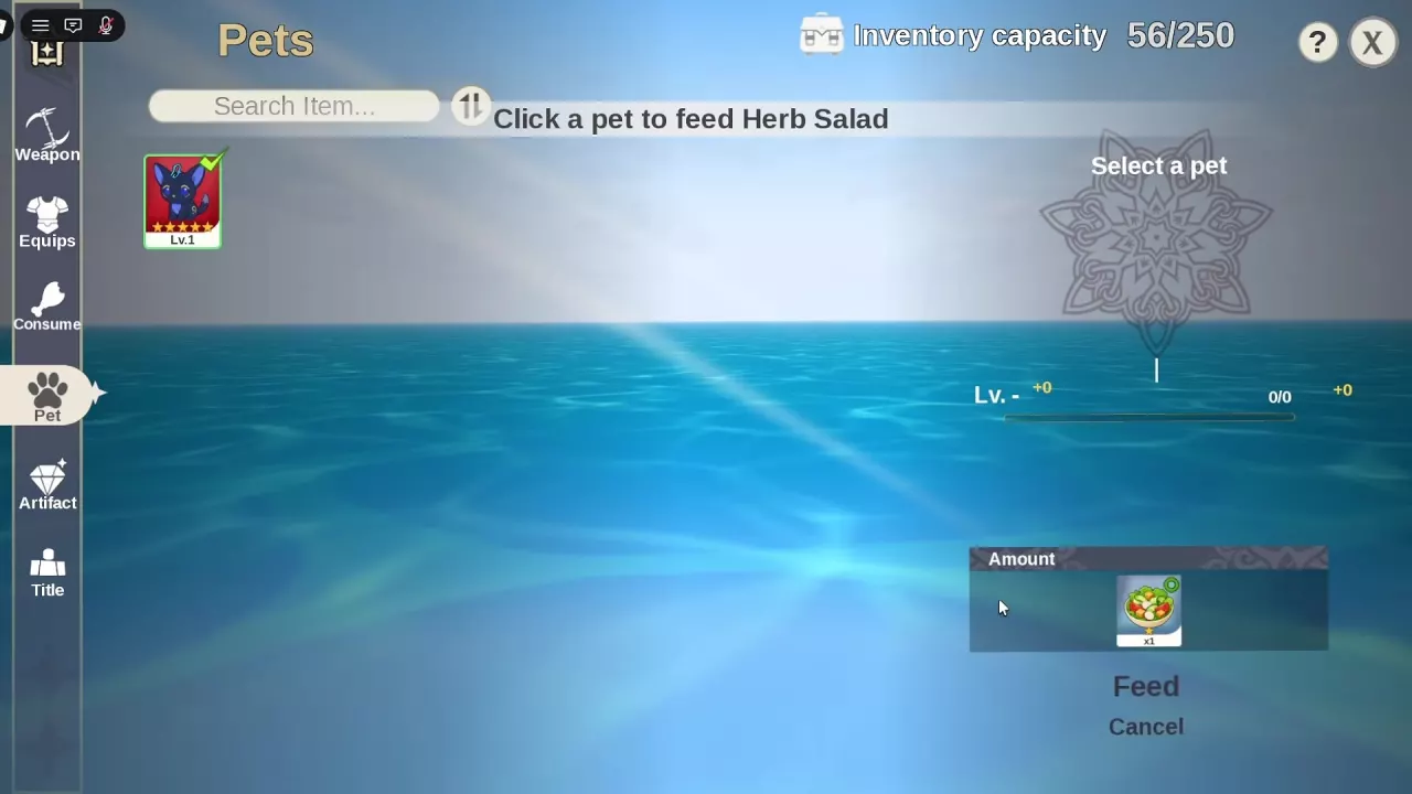 Pet feeding screen prompting you to select a pet for one Herb Salad, with Feed and Cancel below.