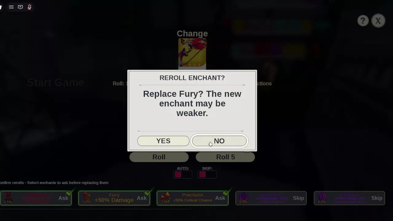 Replace Fury confirmation with YES and NO buttons above the Ask and Skip enchant settings.