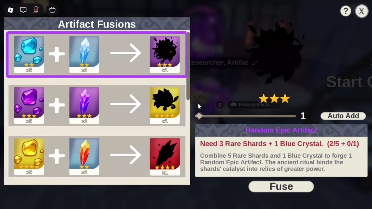 Epic fusion selected with 3 Rare Shards and 1 Blue Crystal still needed.