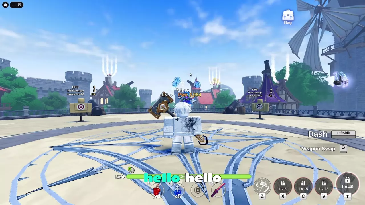 Training Area with dash and weapon-swap controls and skill locks at levels 6, 15, 28, and 40.
