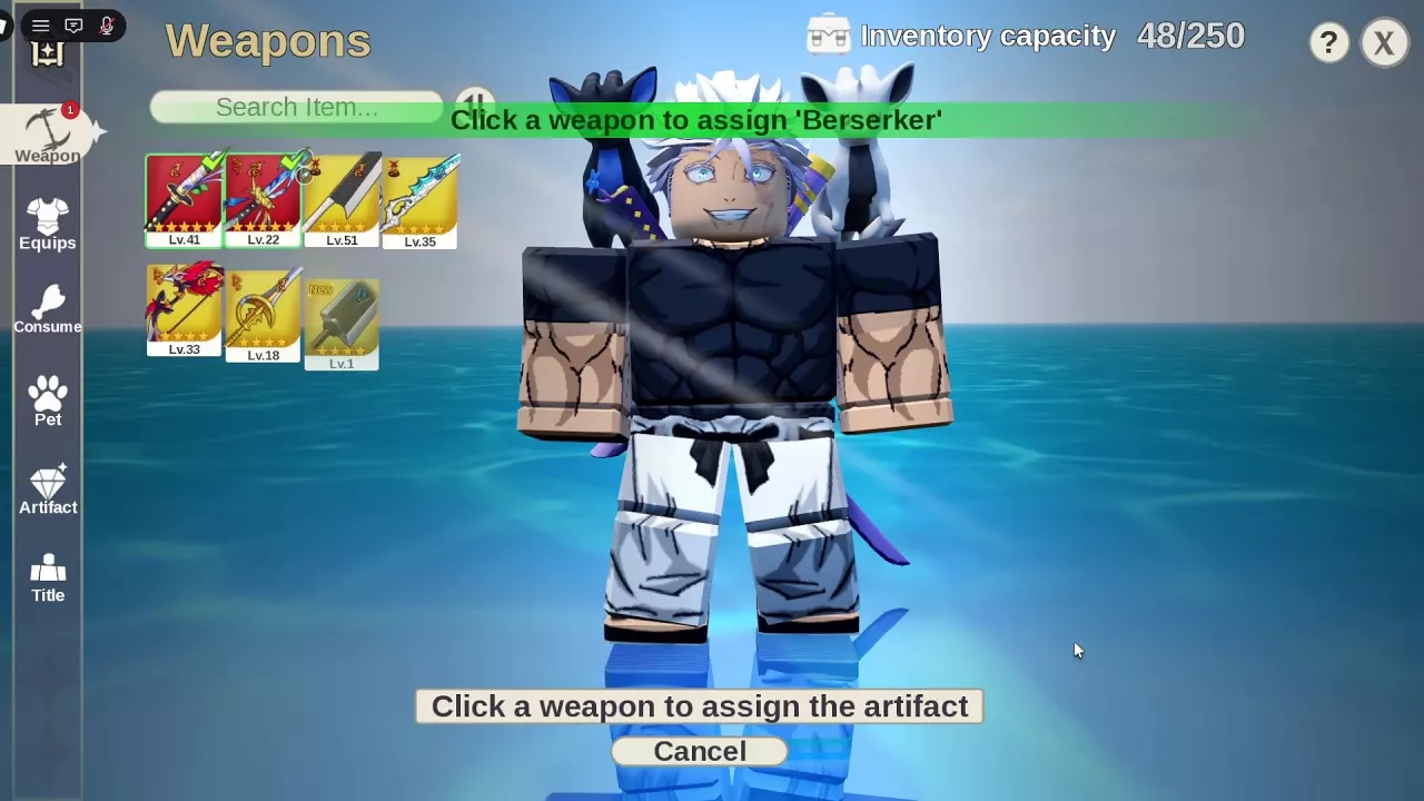 Weapons selection screen prompting the player to assign Berserker, with Cancel below.