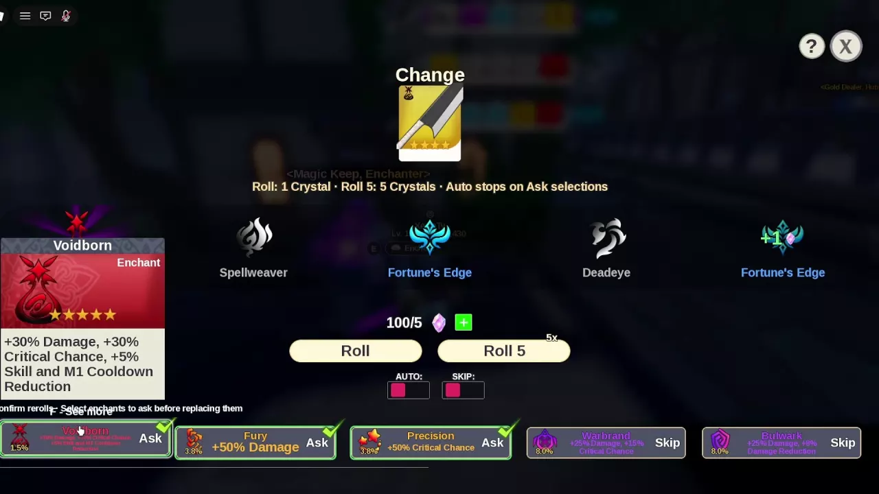 Zanpakuto selected in the enchant menu with five roll results, crystal costs and Ask or Skip settings.