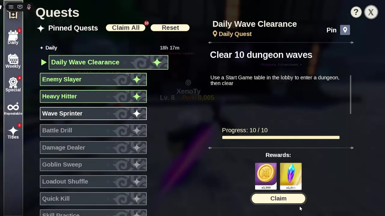 Completed quest with individual Claim and batch Claim All buttons.
