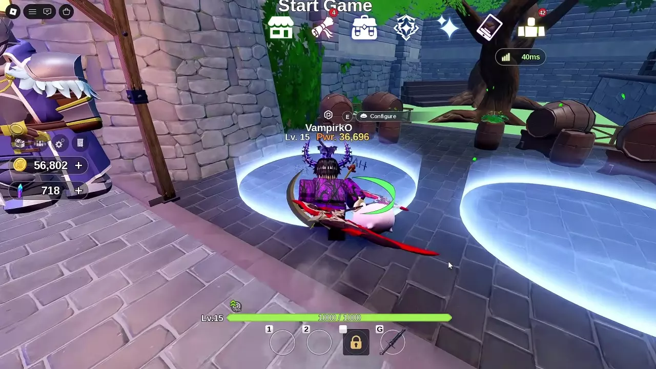 Start Game circle beside the town guard with the E Configure prompt.