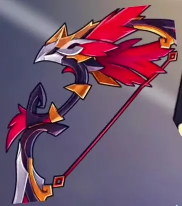 Favian Caster bow with red bird-head ornamentation and black-and-gold limbs.