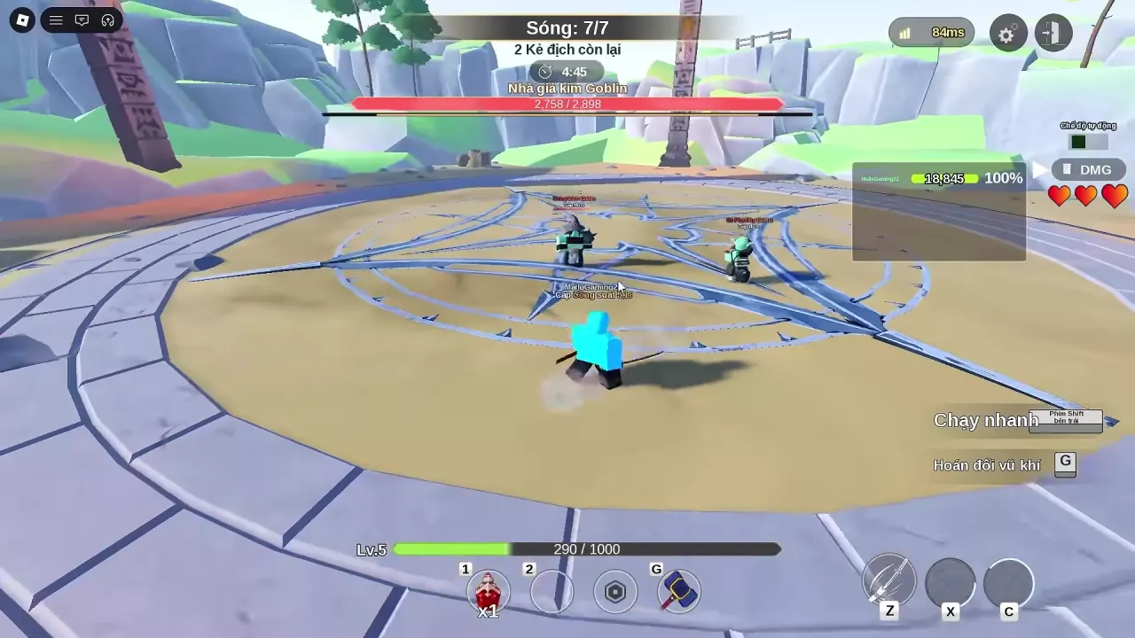 Player standing outside Goblin Alchemist’s spike-covered ground during Wave 7.
