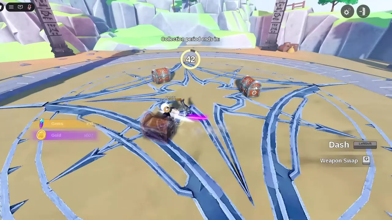 Treasure chests around the arena during the post-battle collection countdown.