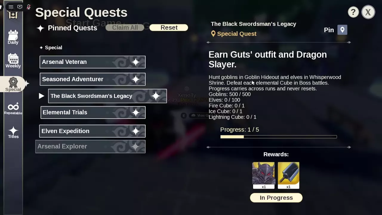 The Black Swordsman's Legacy menu listing all five objectives and both equipment rewards.