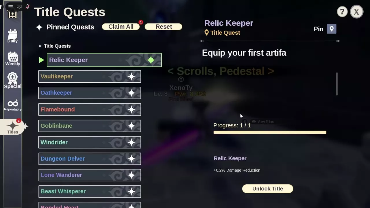 Relic Keeper at 1/1 progress with its damage reduction bonus and Unlock Title button.