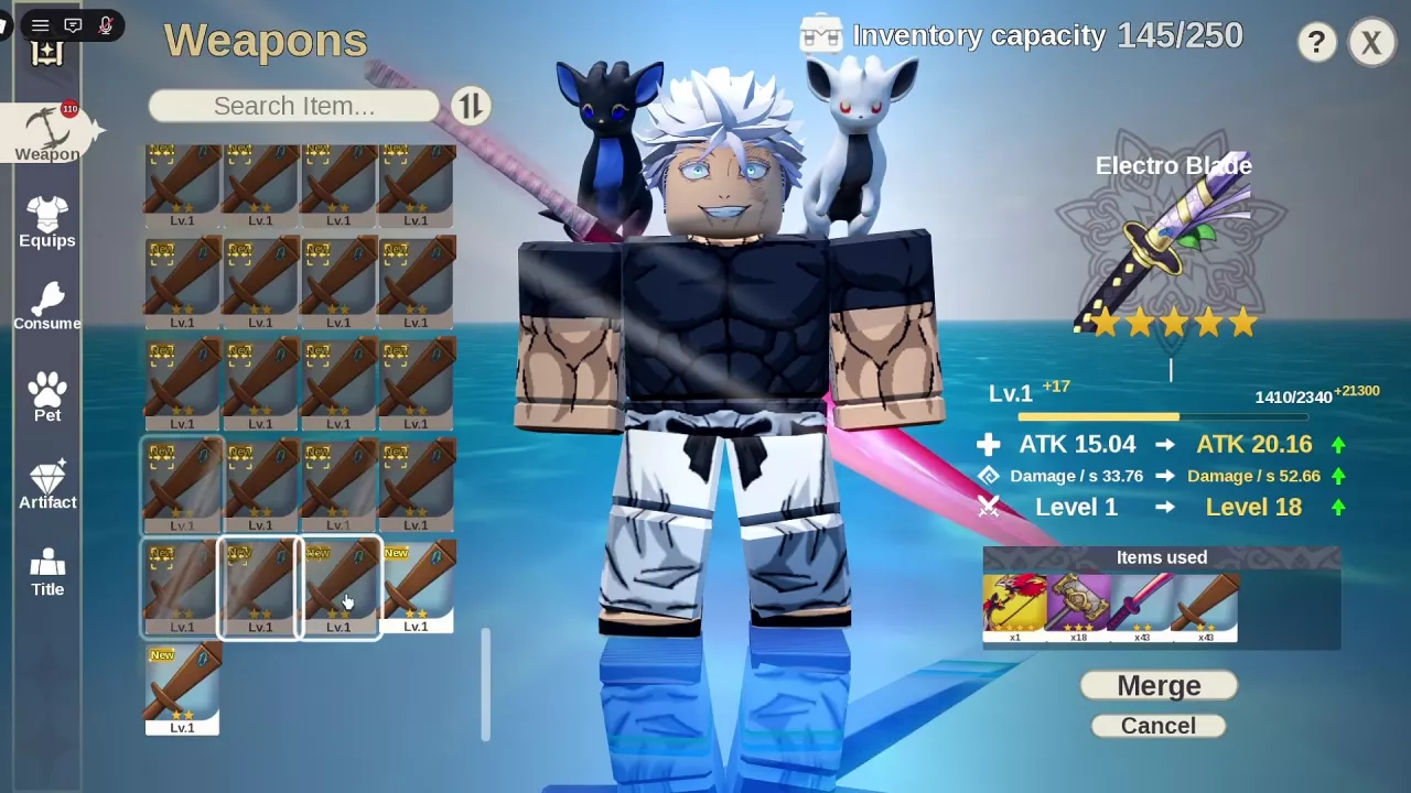 Electro Blade merge screen with selected materials, Items used, and a Level 1 to 18 preview.