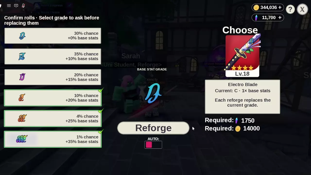 Electro Blade in the Reforge menu with S, SS, and SSS selected under Confirm rolls.
