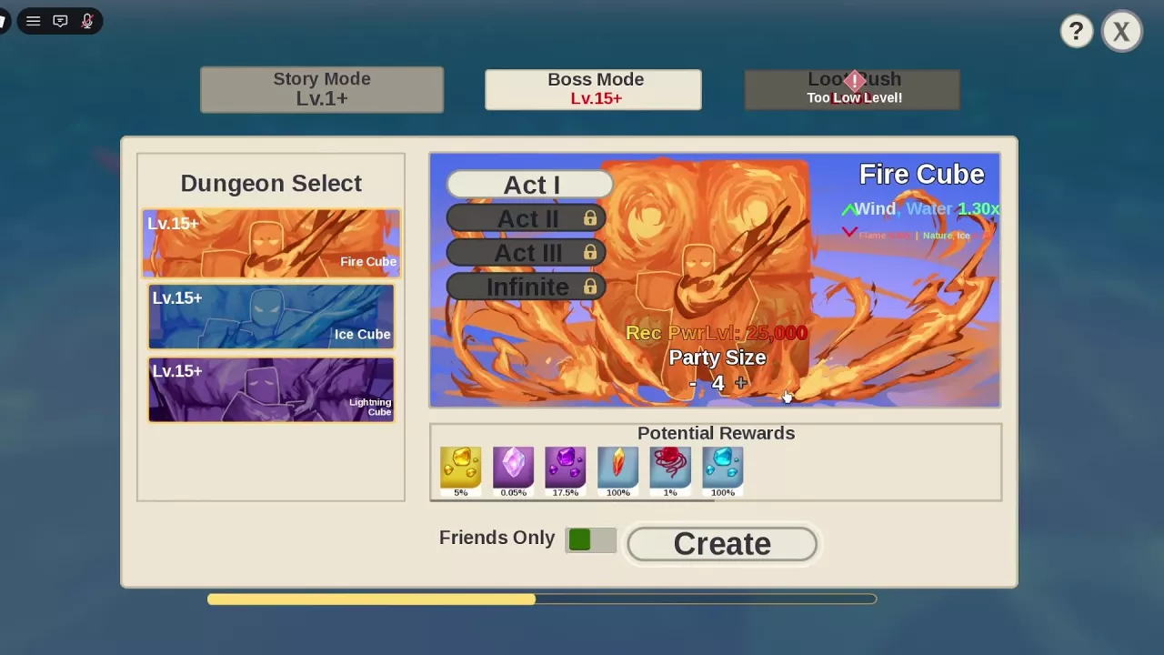 Fire Cube Act I selection screen showing Wind and Water at 1.30× and reduced Flame, Nature and Ice multipliers.