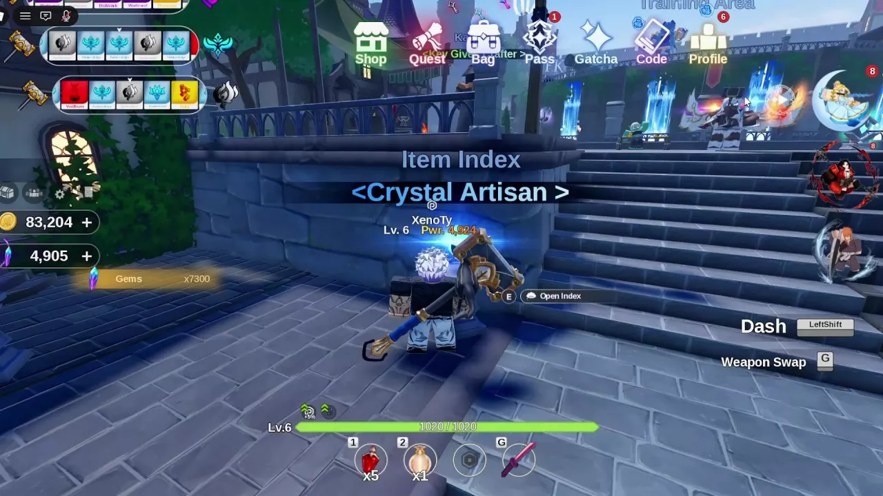 Crystal Artisan beside the hub stairs with the E Open Index prompt.