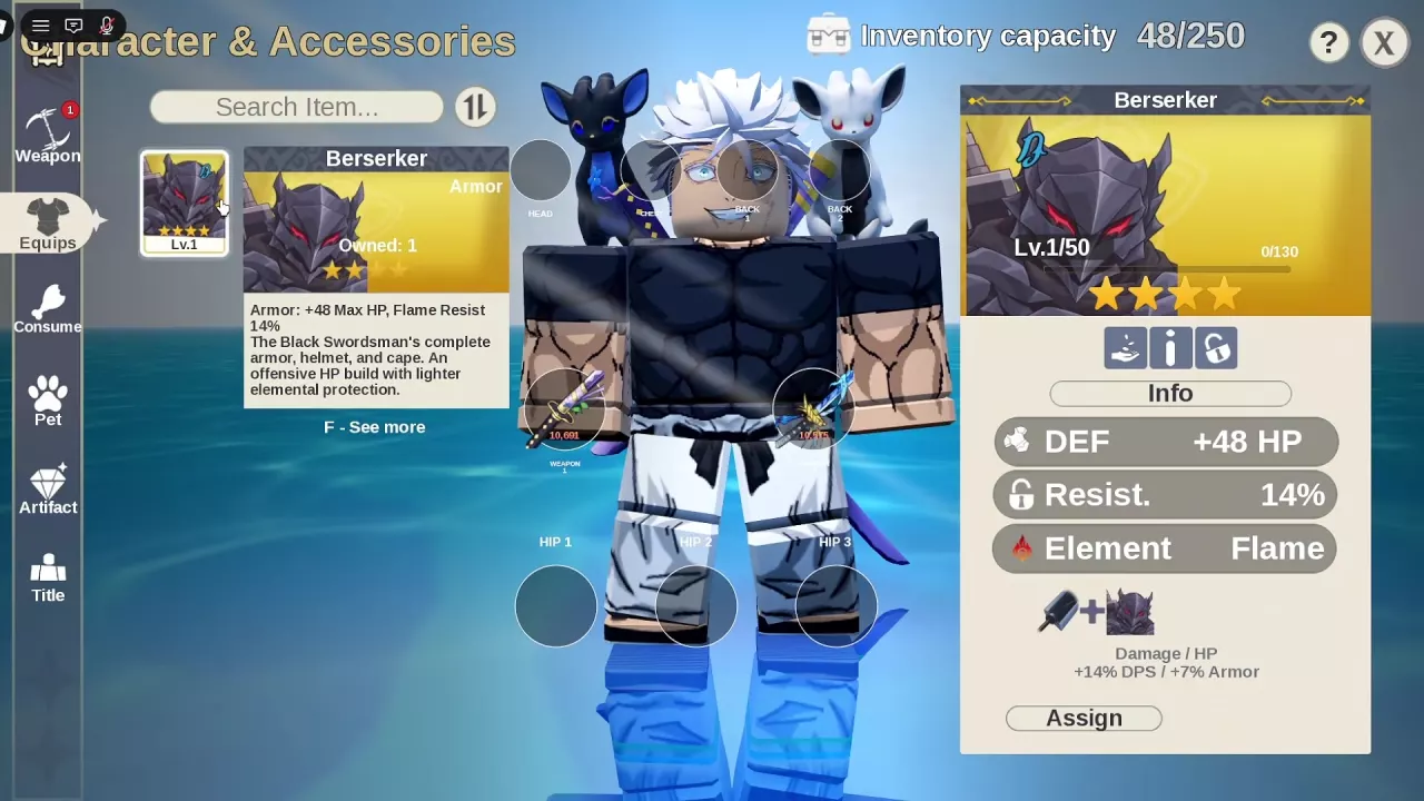 Berserker selected in Equips, with its armor details and Assign button on the right.