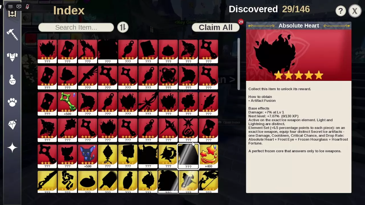 Item Index with category icons, search, collection rewards and an item details panel.