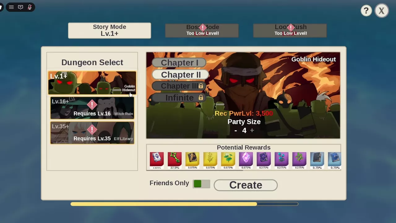 Goblin Hideout Chapter II selection with map level requirements, recommended power, Party Size, Friends Only and Create.
