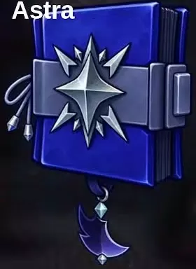 Blue Astral Grimoire with a silver star emblem and crescent-moon charm.