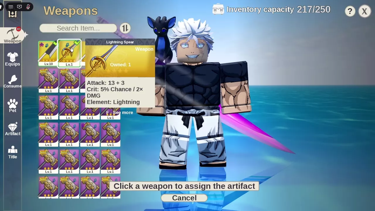 Lightning Spear highlighted in artifact assignment mode, with the weapon selection instruction and Cancel button.