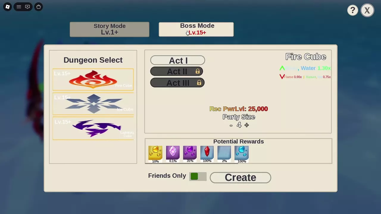 Fire Cube Act I selection with recommended power and the Potential Rewards percentages.