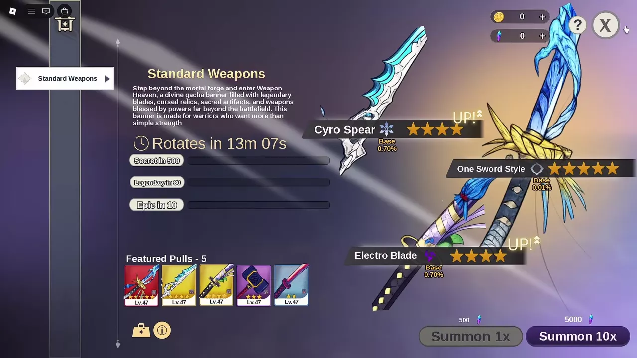 Standard Weapons banner with the rotation timer, three pity counters, featured weapon rates, and summon buttons.