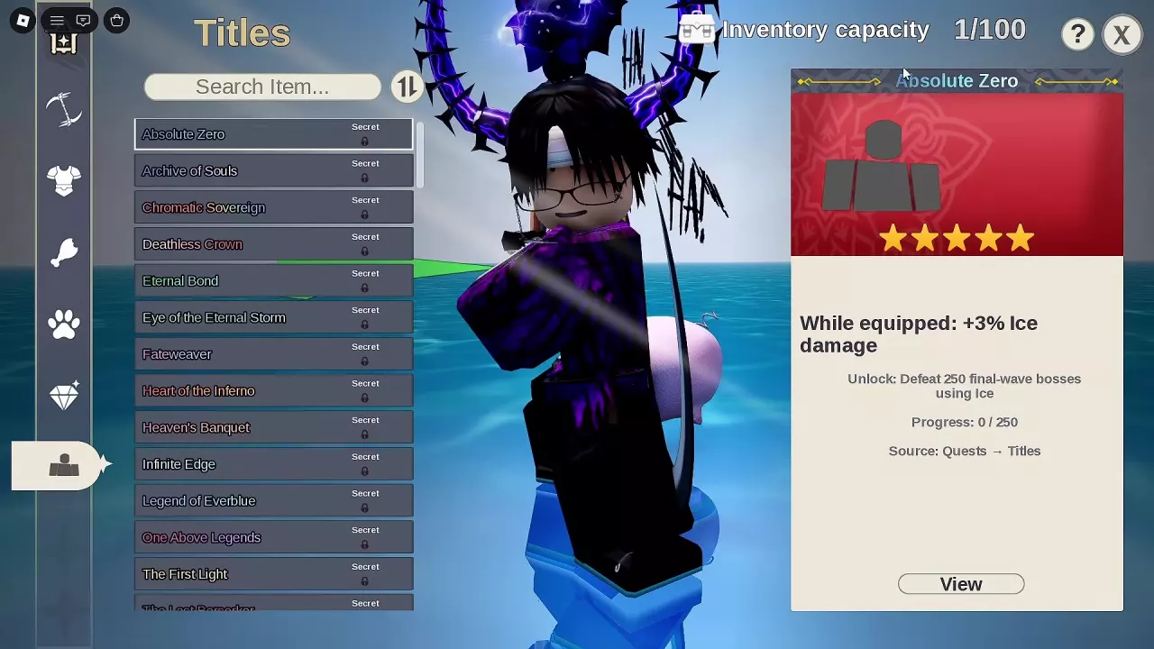 Absolute Zero details showing the equipped Ice damage bonus and a 250-final-wave-boss objective.