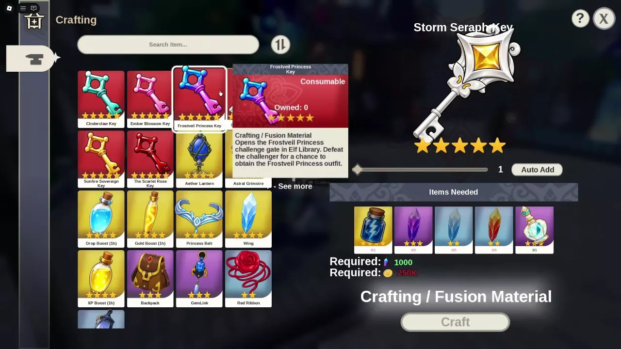 Crafting menu with Storm Seraph Key selected, its recipe on the right, and a Frostveil Princess Key hover tooltip.